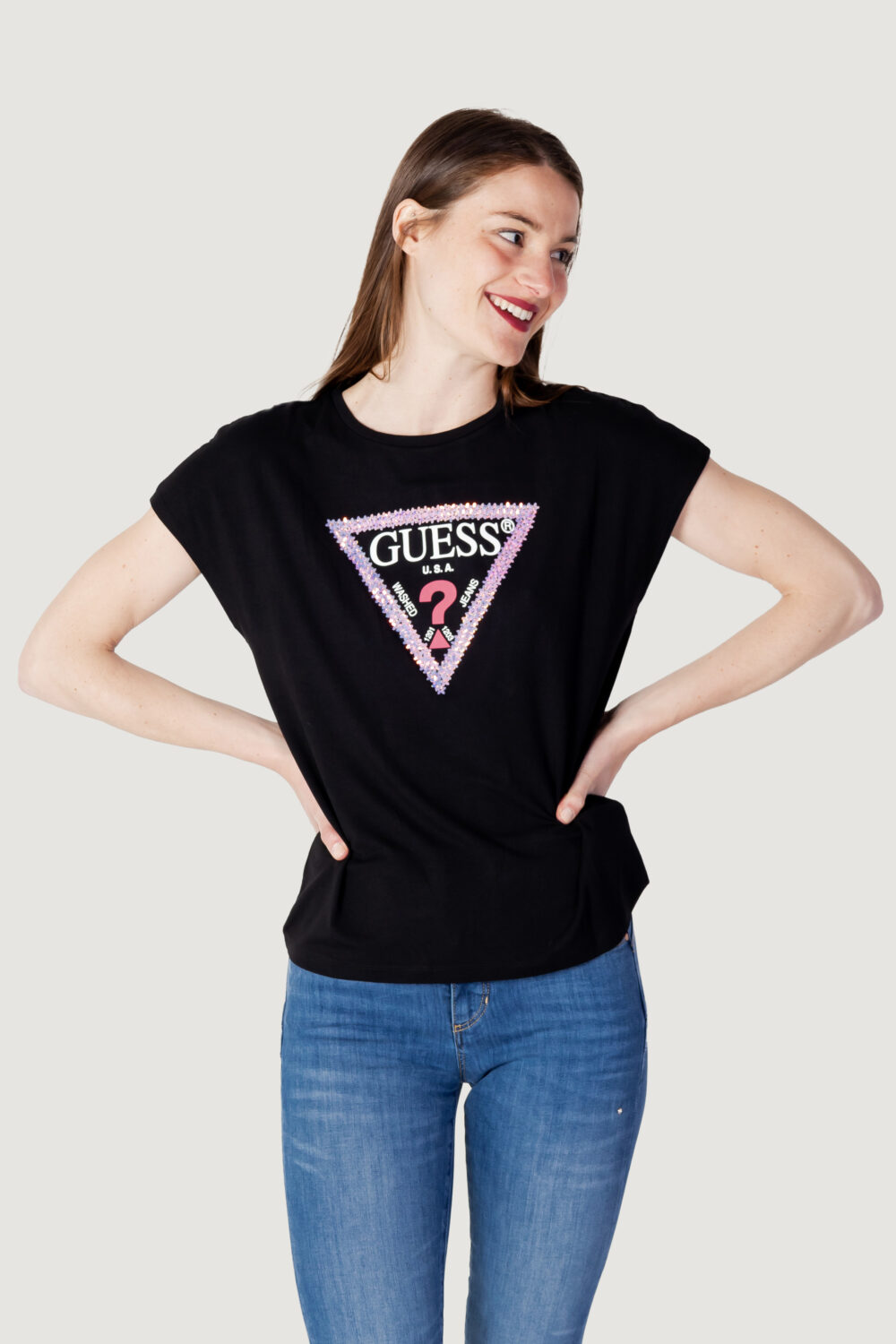 T-shirt Guess ss rn 3d flowers triangle tee Nero - Foto 1