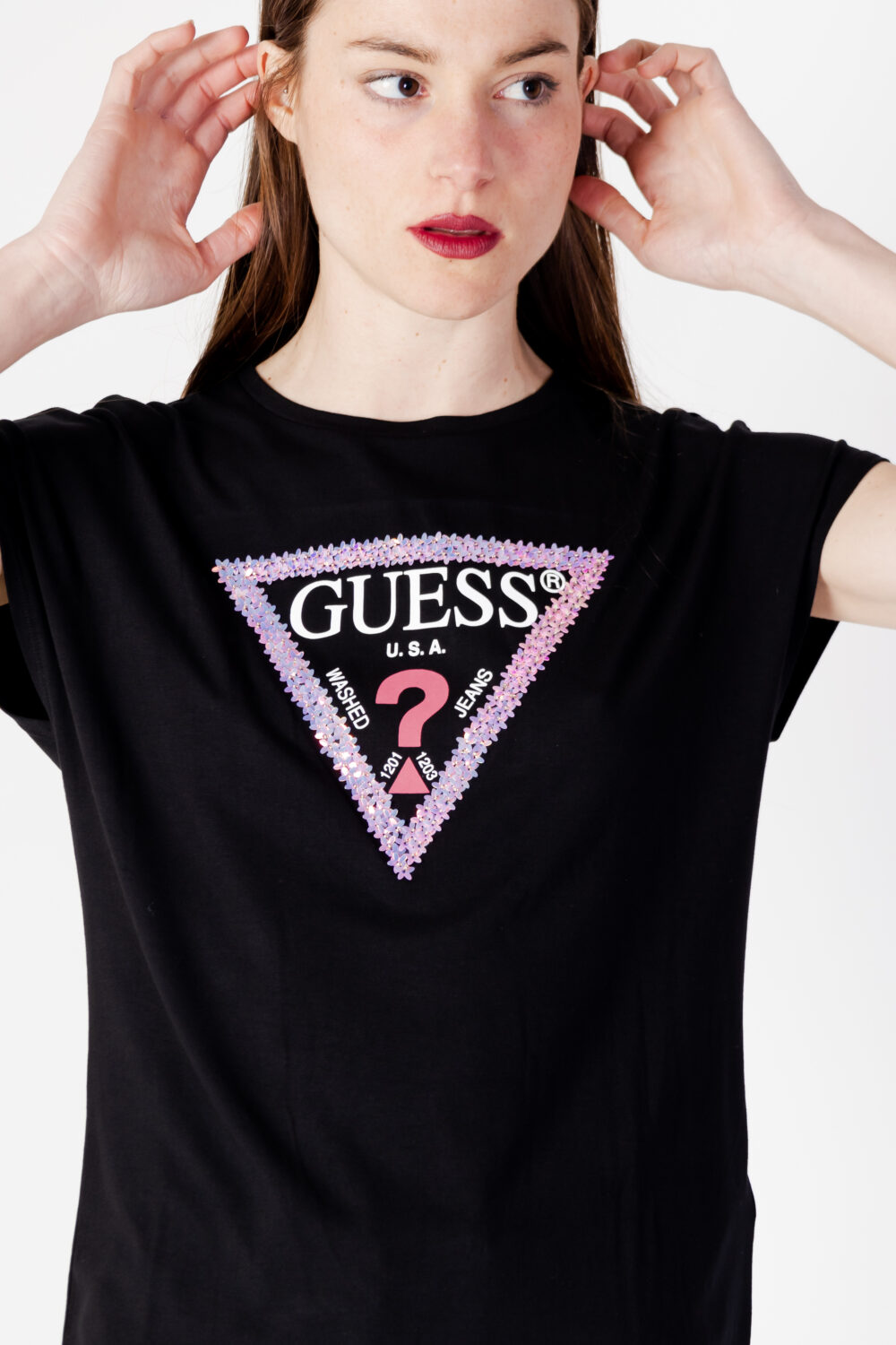 T-shirt Guess ss rn 3d flowers triangle tee Nero - Foto 2