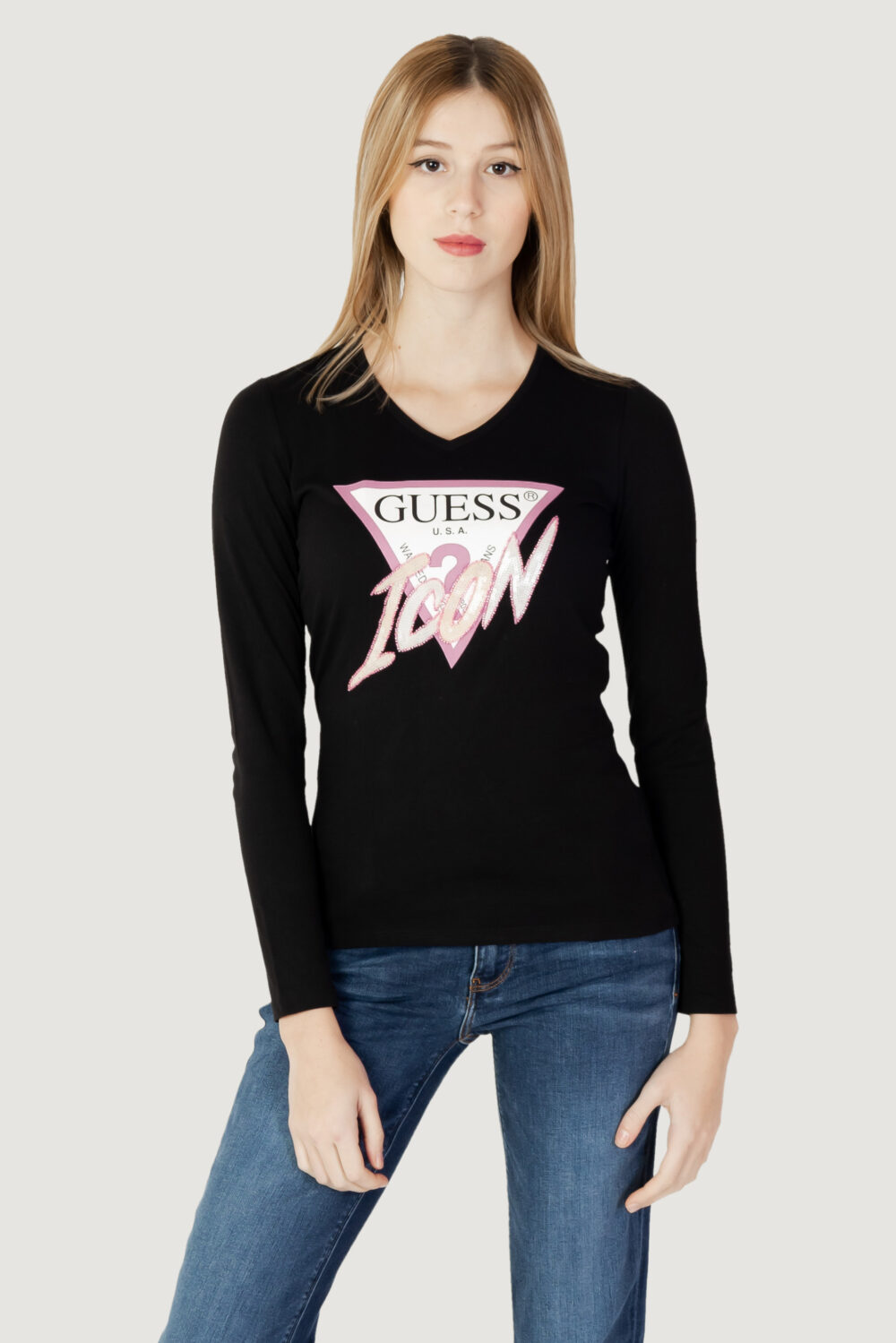T-shirt manica lunga Guess ls vn icon tee Nero - Foto 1
