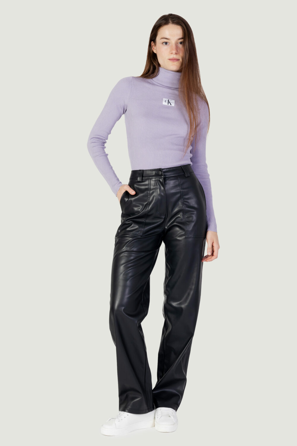 Pantaloni regular Calvin Klein Jeans faux leather high Nero - Foto 3