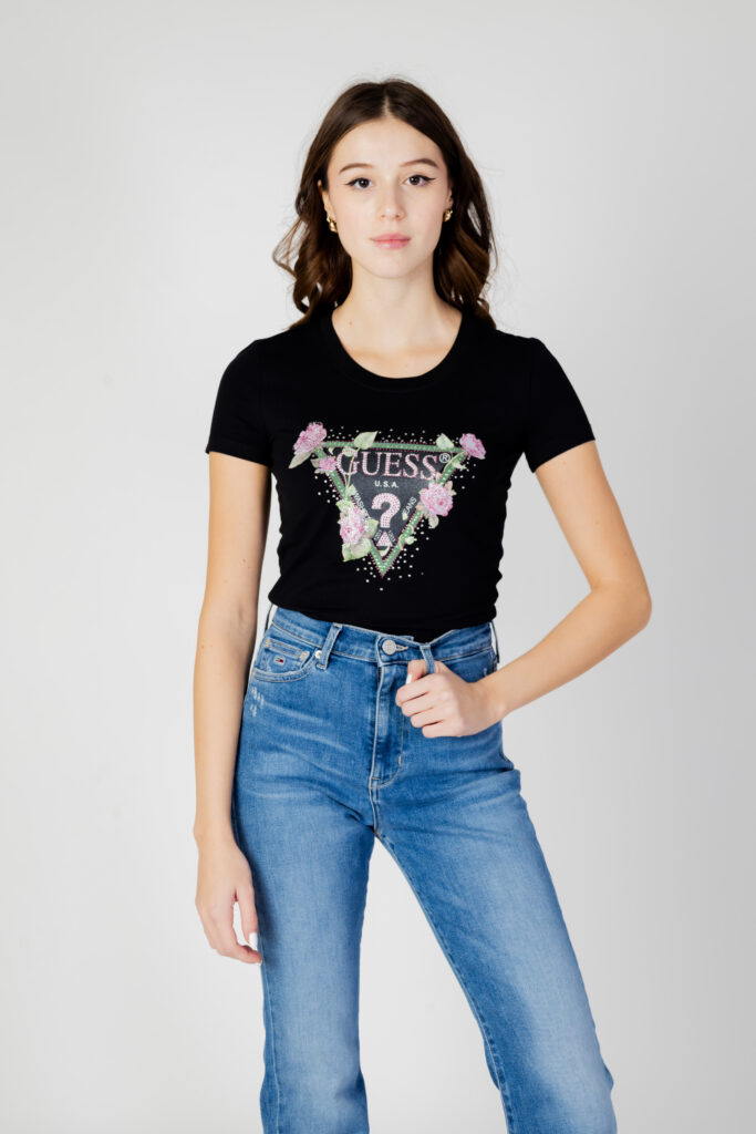 T-shirt Guess ss rn floral triangle Nero