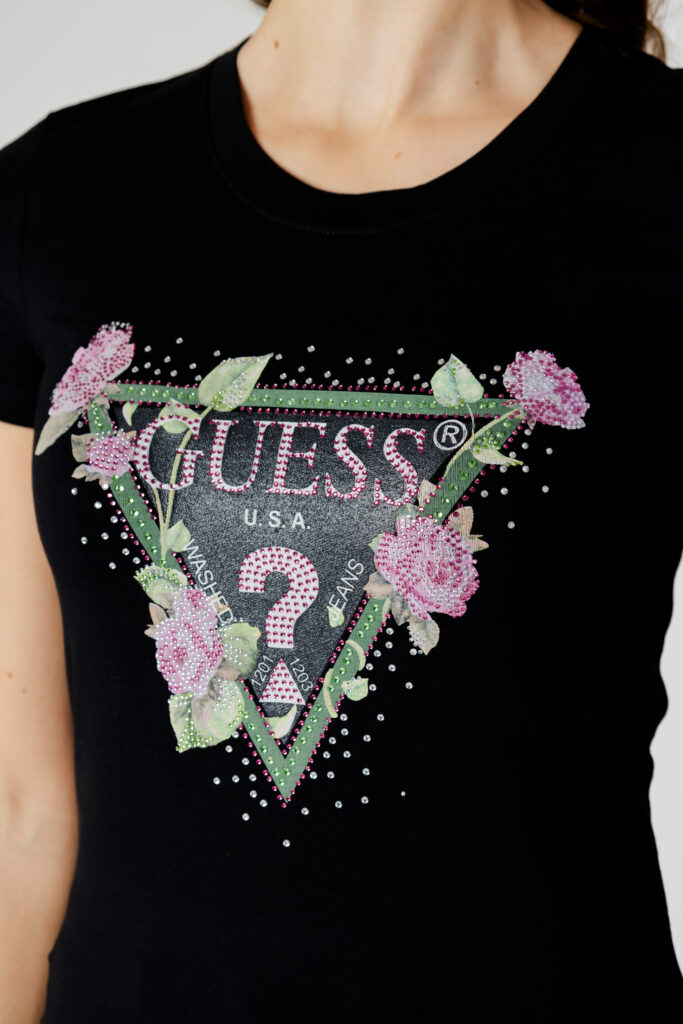 T-shirt Guess ss rn floral triangle Nero