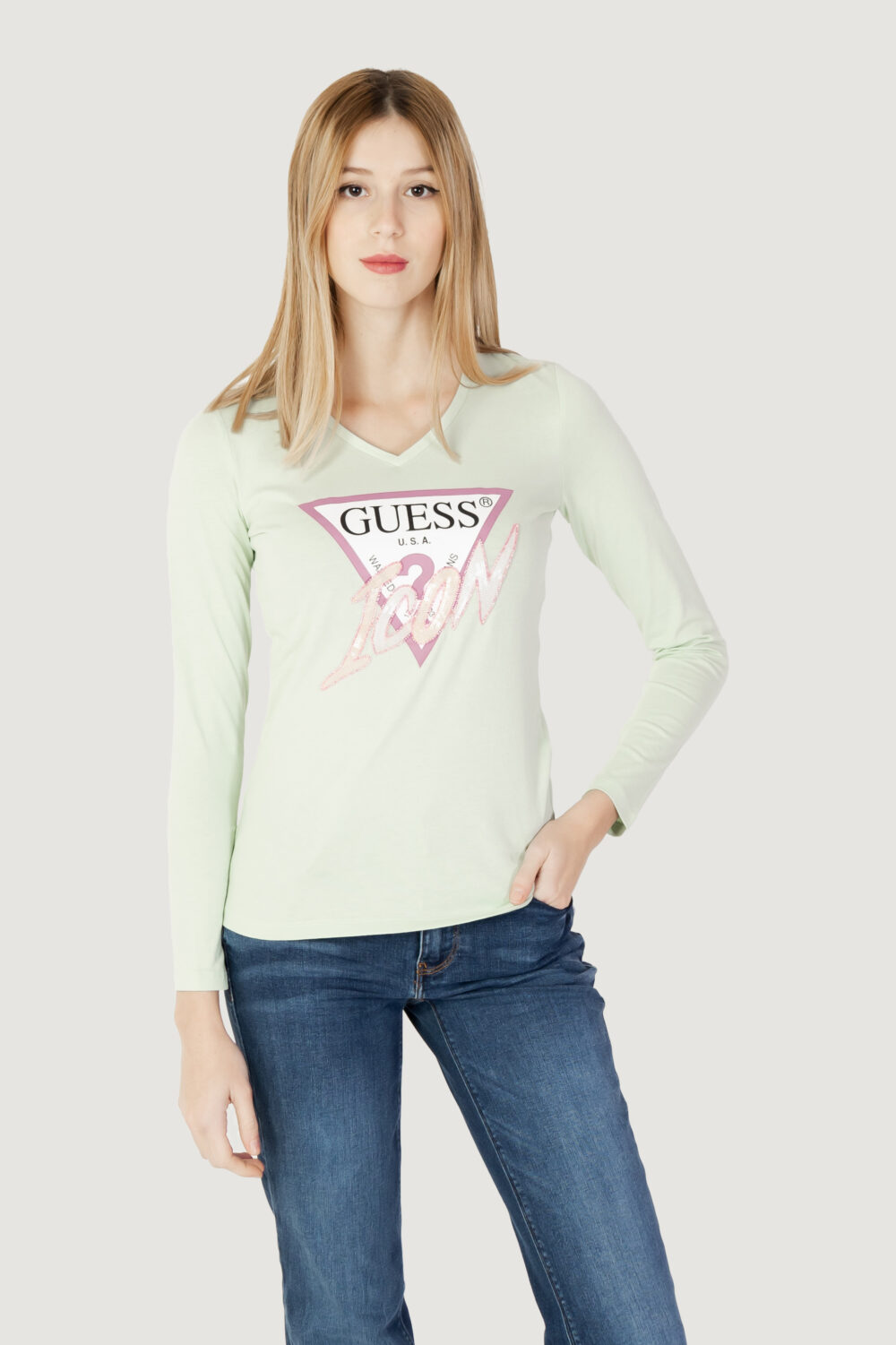 T-shirt manica lunga Guess ls vn icon tee Verde - Foto 1