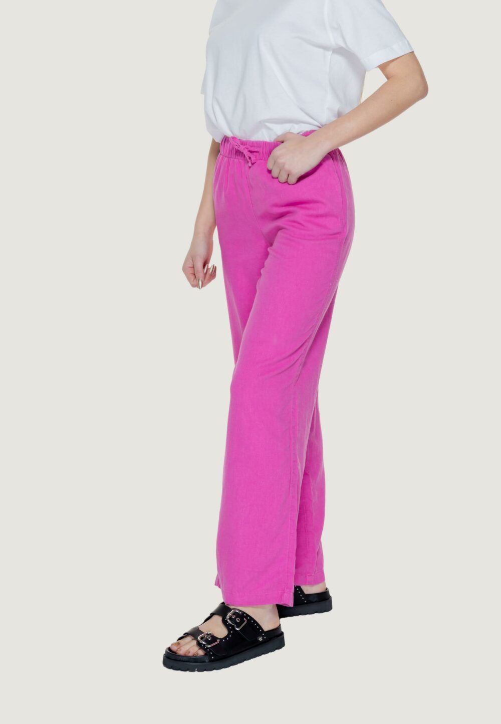 Pantaloni a palazzo Only onlcaro mw linen bl pull-up Magenta - Foto 4