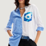 Bluse manica lunga Desigual flower pocket Celeste - Foto 1