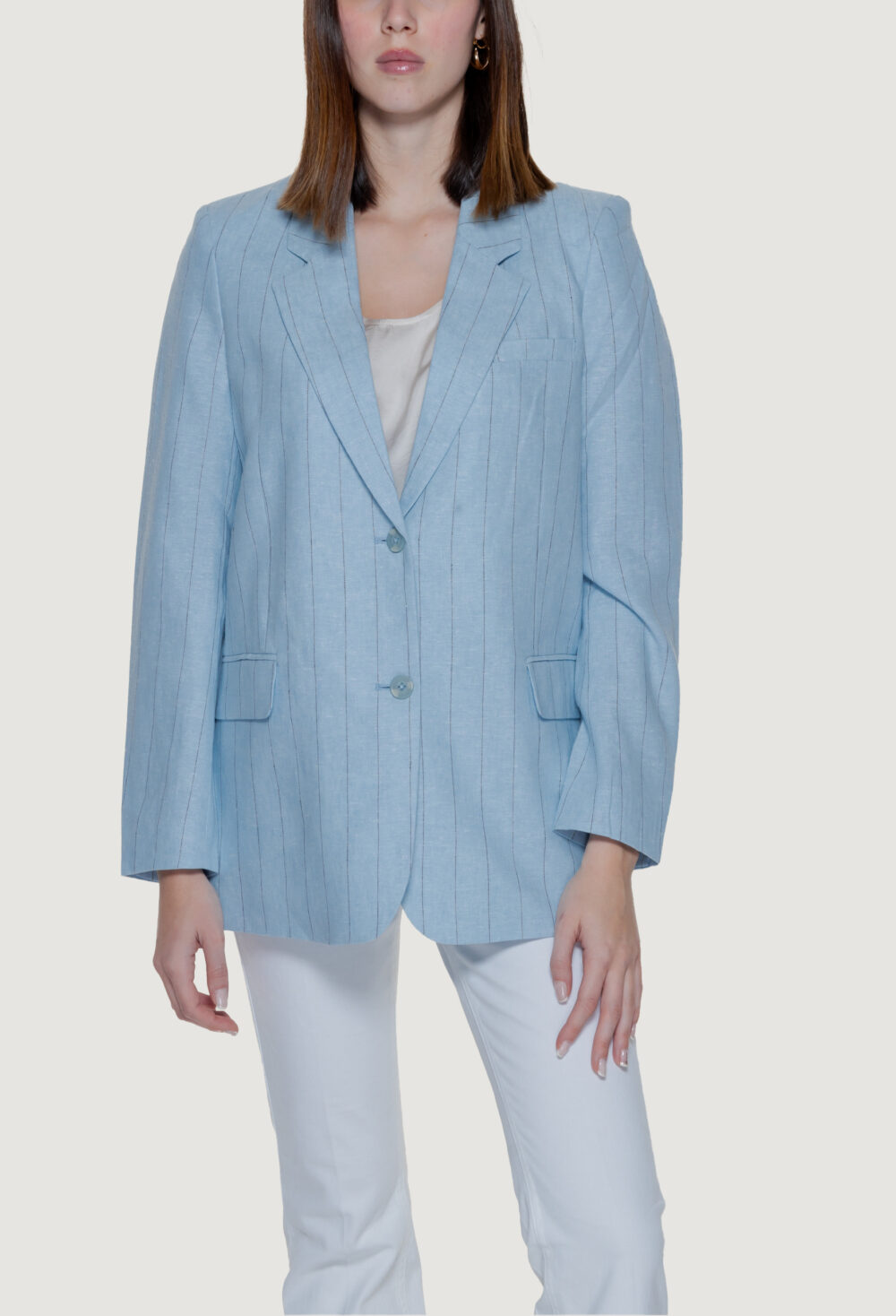 Giacca Vero Moda vmmindy ls loose pinstripe linen Blu Chiaro - Foto 5