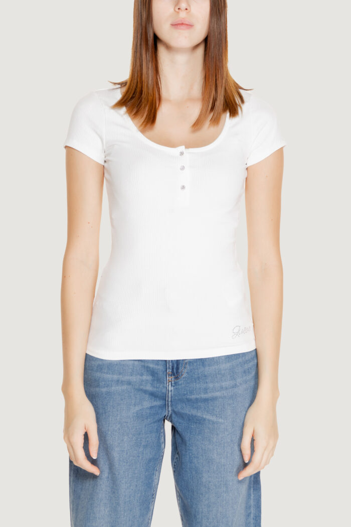 Maglia Guess ss karlee jewel btn henley Bianco