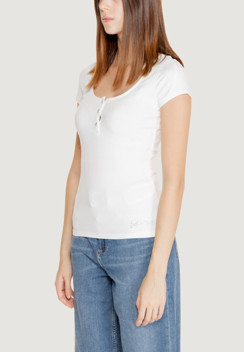 Maglia Guess ss karlee jewel btn henley Bianco - Foto 3