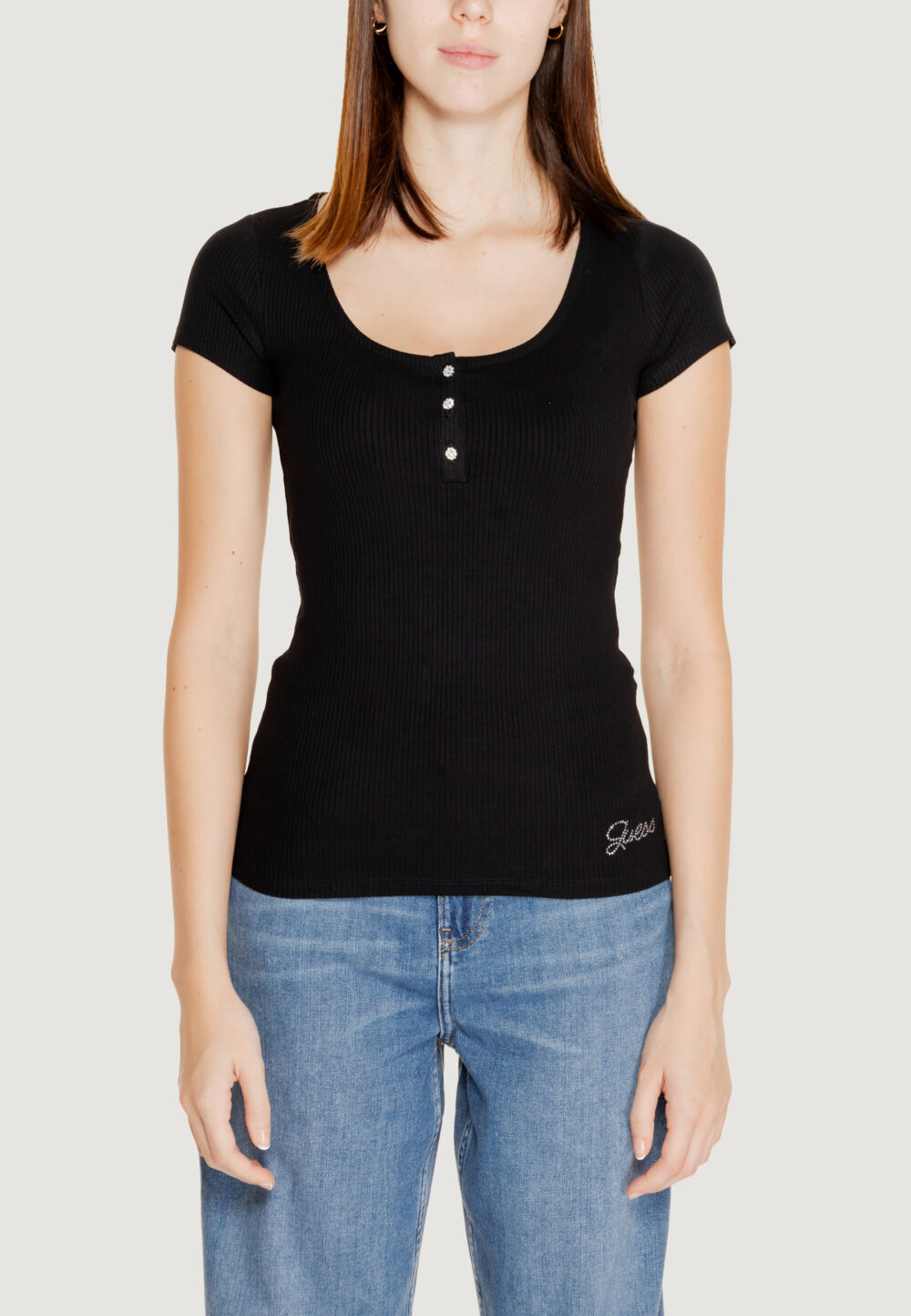 Maglia Guess ss karlee jewel btn henley Nero - Foto 1