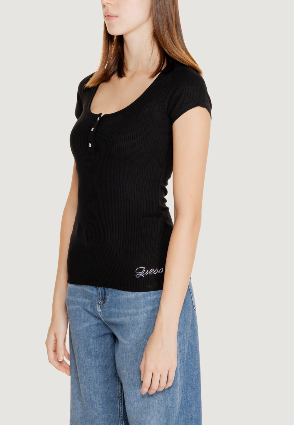 Maglia Guess ss karlee jewel btn henley Nero - Foto 3