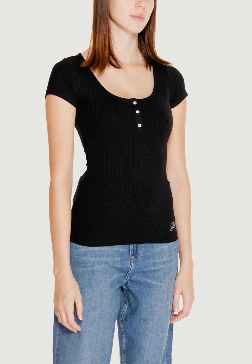 Maglia Guess ss karlee jewel btn henley Nero - Foto 4