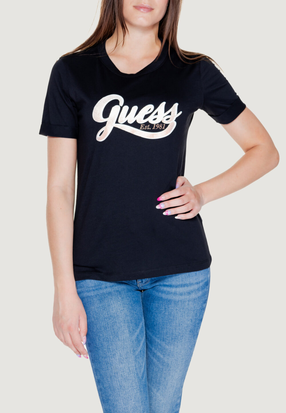 T-shirt Guess ss cn glittery logo Nero - Foto 1