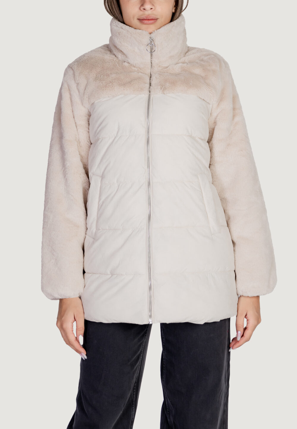 Piumino Only onlwanja fur puffer mix coat cc otw Beige chiaro - Foto 1