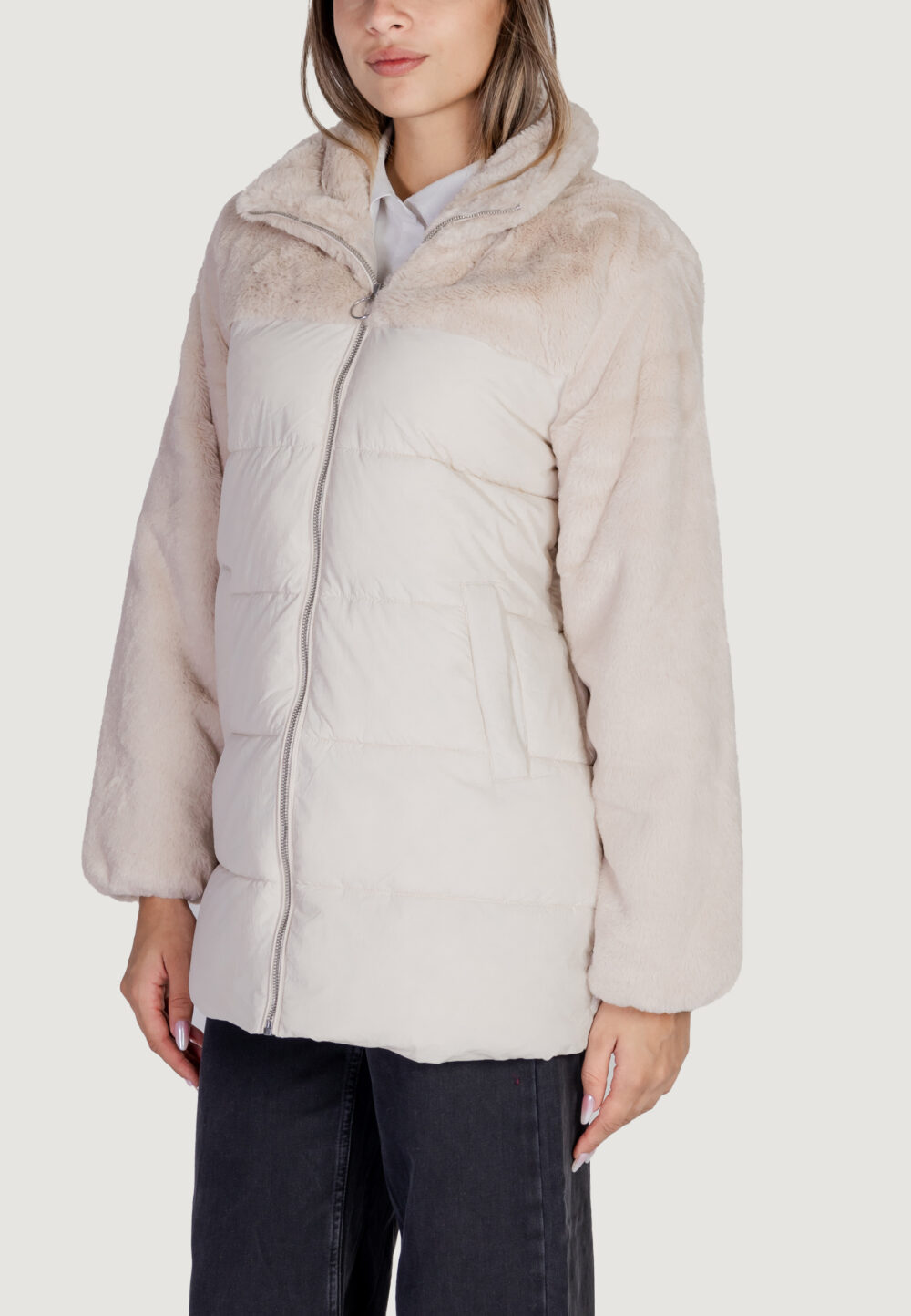 Piumino Only onlwanja fur puffer mix coat cc otw Beige chiaro - Foto 3