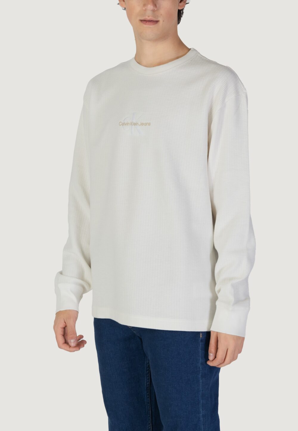 Felpa senza cappuccio Calvin Klein Jeans city grid ls tee Panna - Foto 3