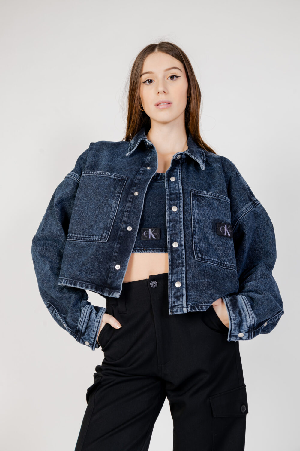 Giacchetto Calvin Klein Jeans extr oversize crop Denim scuro - Foto 2