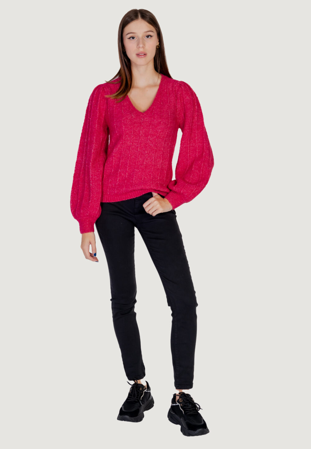 Maglione Guess ls vn madeline texture Magenta - Foto 7