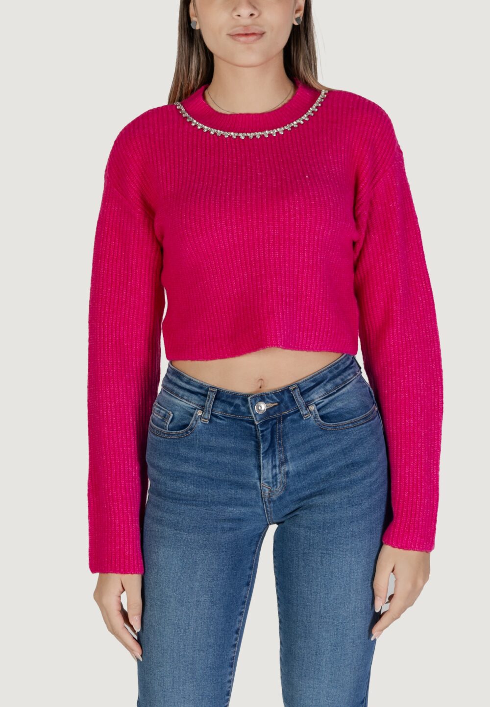 Maglione Only onlgaida life ls crop emb o-neck cc knt Fuxia - Foto 1