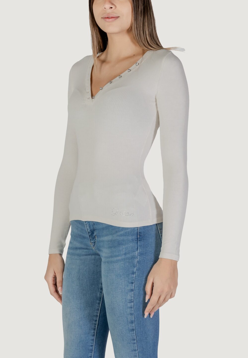 T-shirt manica lunga Guess ls kyla rib henley Panna - Foto 3