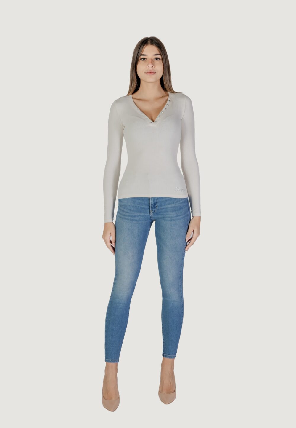 T-shirt manica lunga Guess ls kyla rib henley Panna - Foto 6