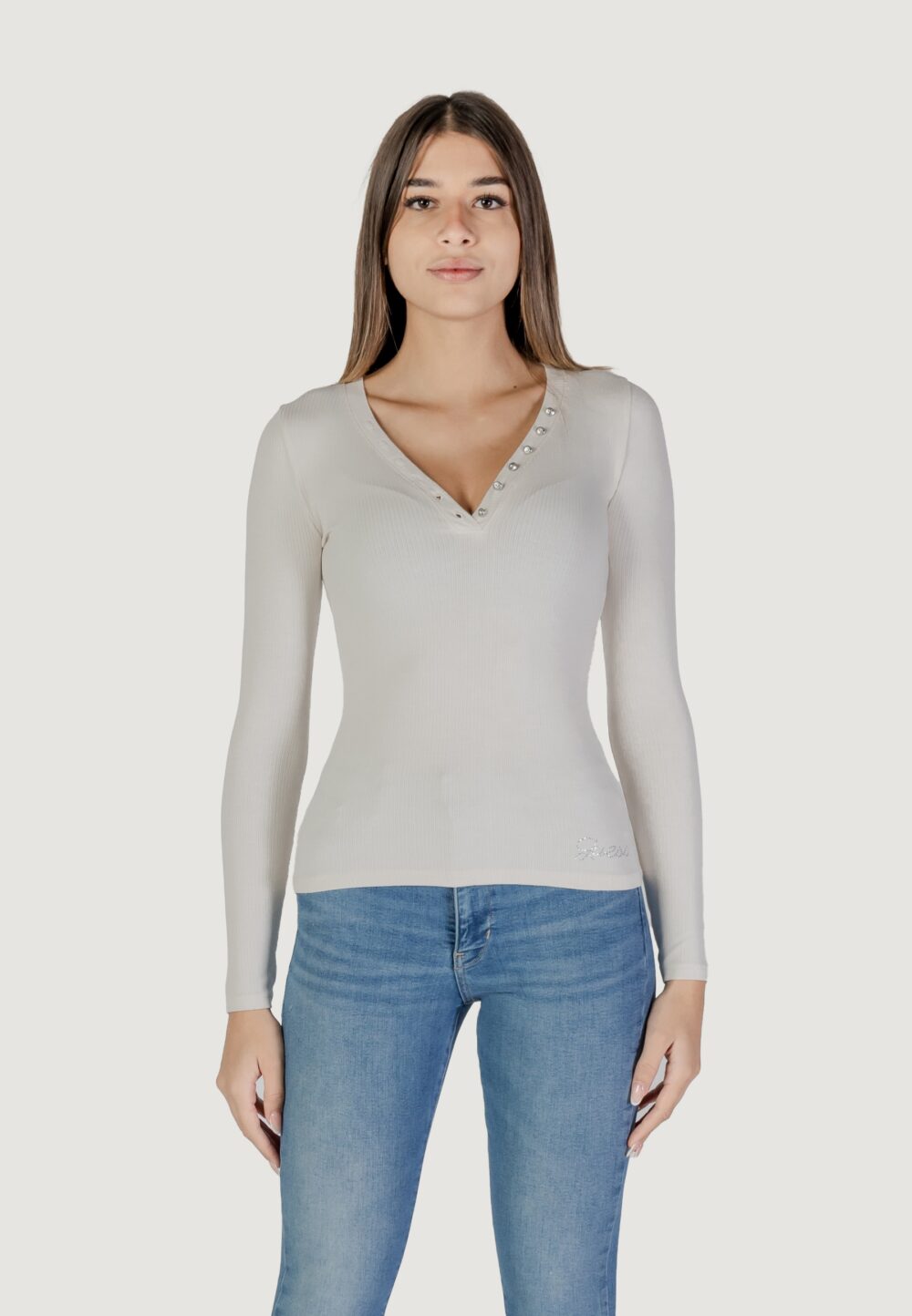 T-shirt manica lunga Guess ls kyla rib henley Panna - Foto 8