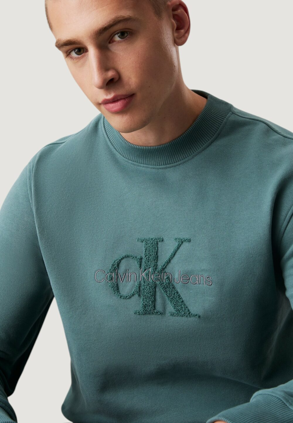 Felpa senza cappuccio Calvin Klein Jeans chenille monologo cr Verde Scuro - Foto 3