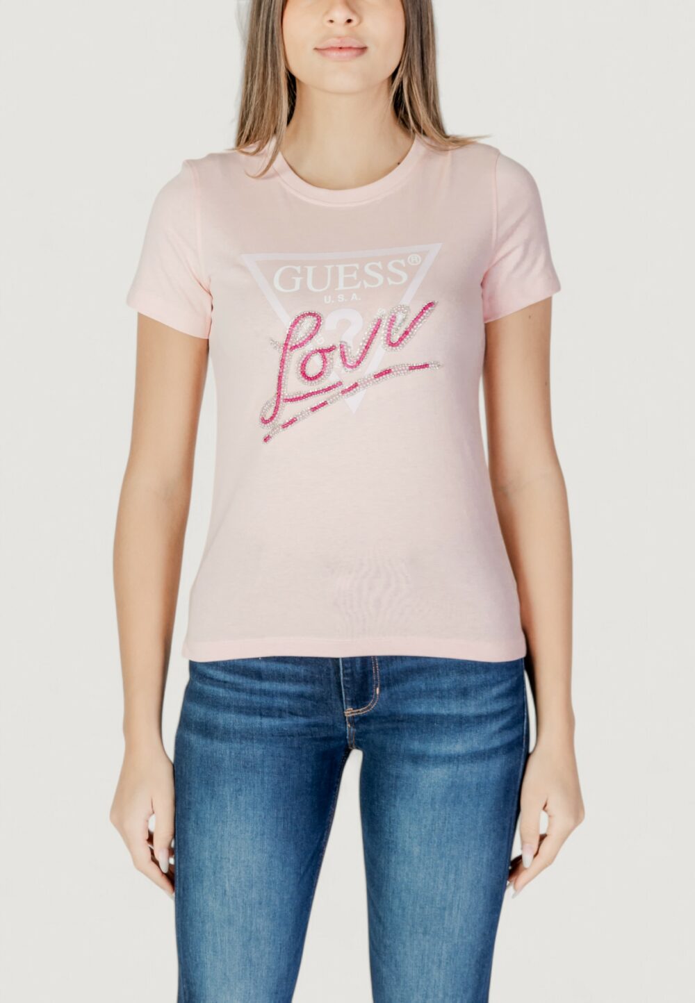 T-shirt Guess cn ss love triangle Rosa - Foto 1