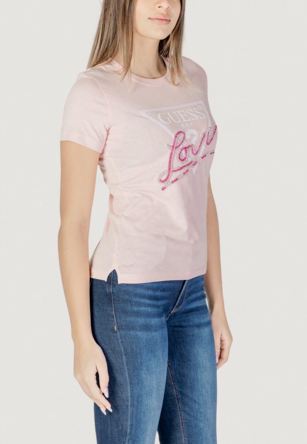 T-shirt Guess cn ss love triangle Rosa - Foto 3