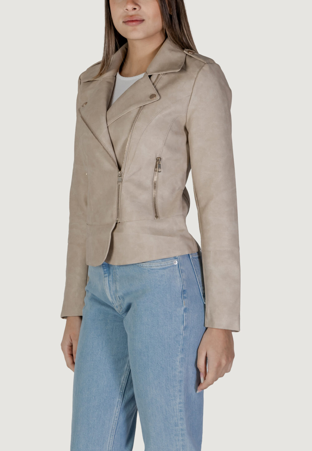 Giacchetto Only onlkristel faux leather biker cc otw Beige chiaro - Foto 1