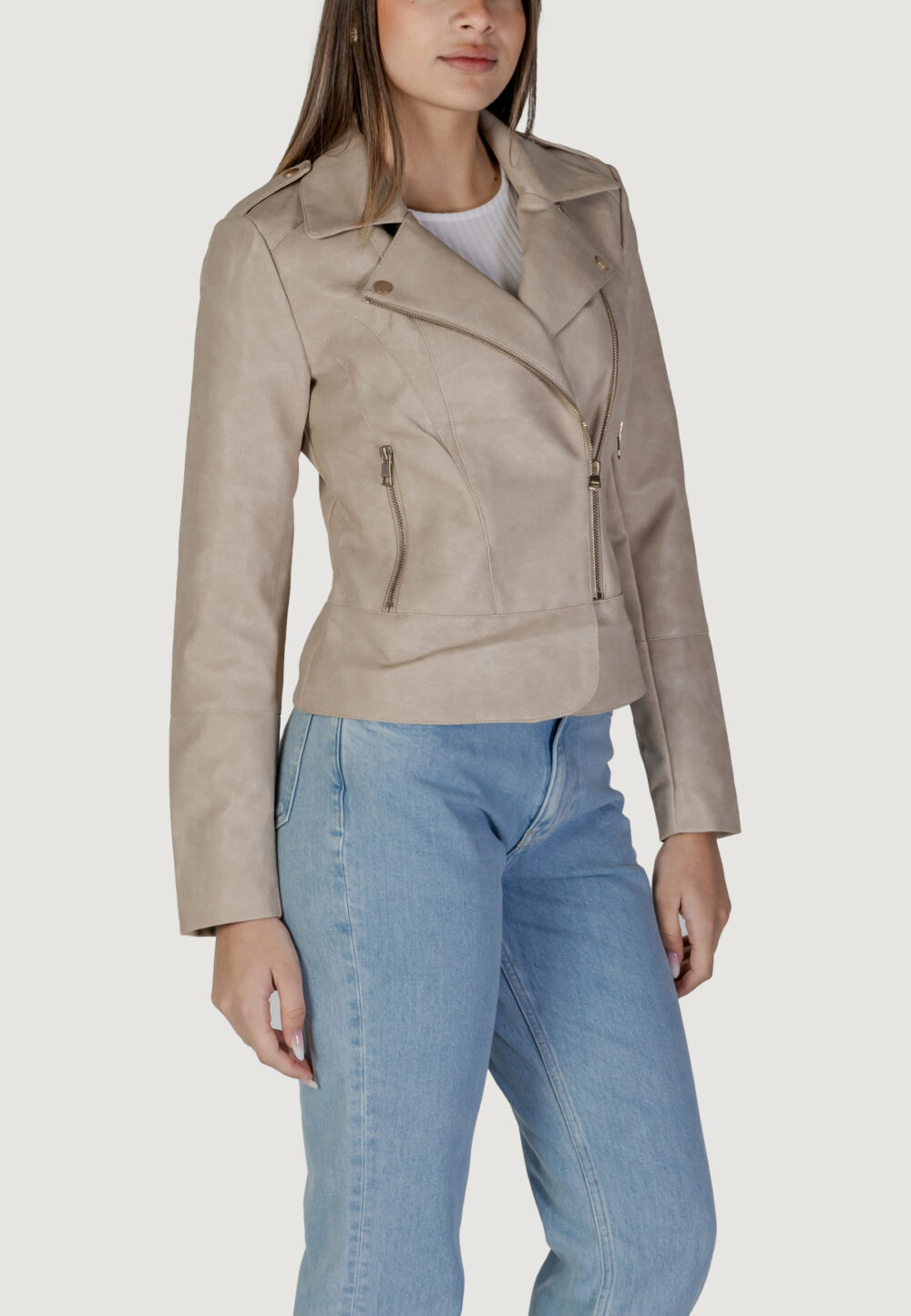 Giacchetto Only onlkristel faux leather biker cc otw Beige chiaro - Foto 3