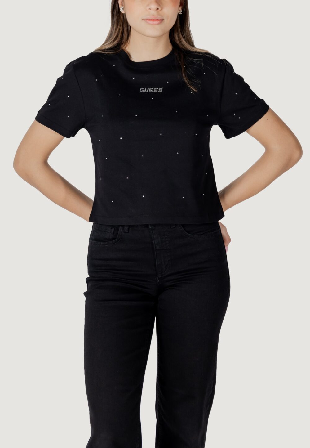 T-shirt Guess Active primula rhinestones boxy tee Nero - Foto 1