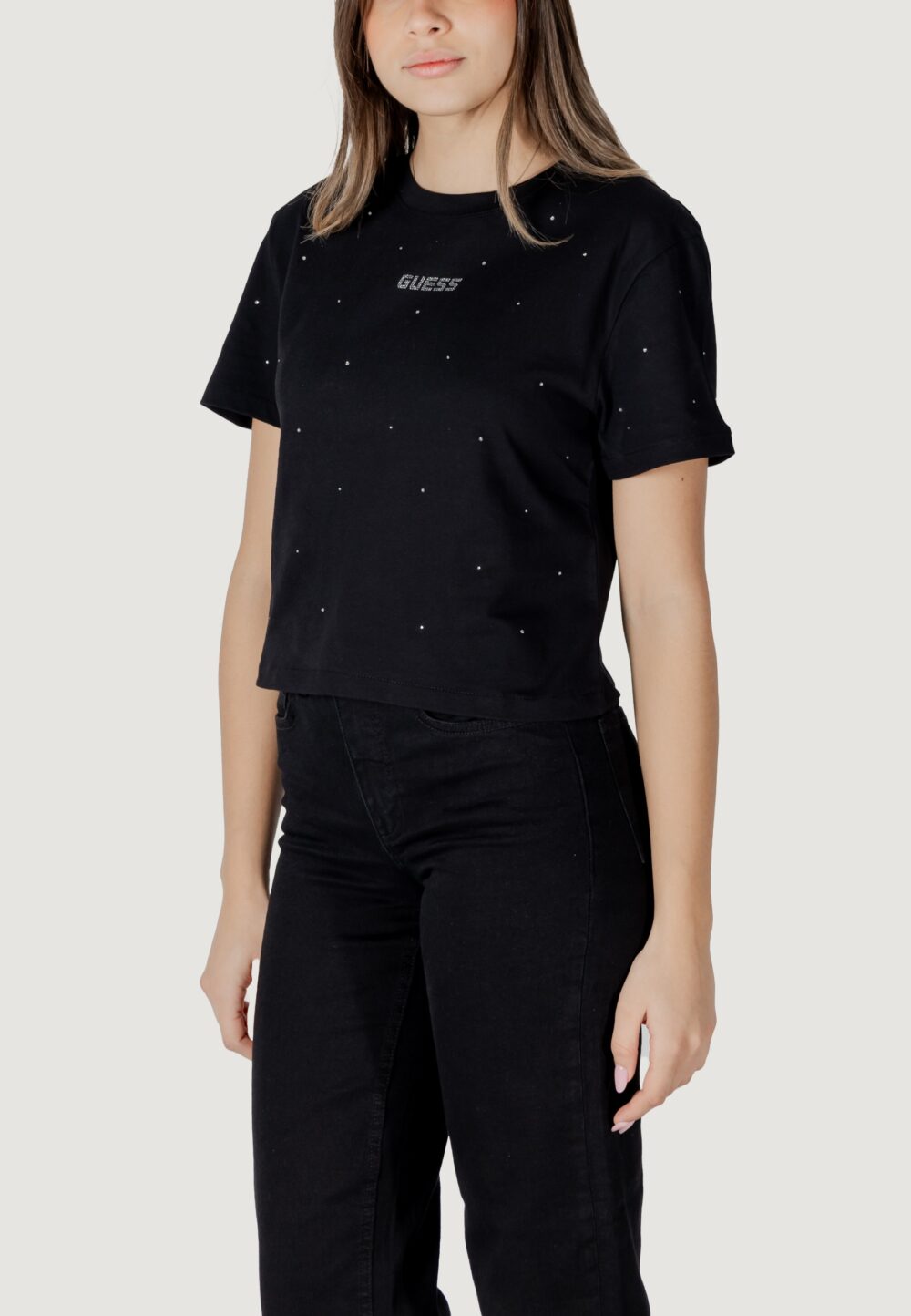 T-shirt Guess Active primula rhinestones boxy tee Nero - Foto 2