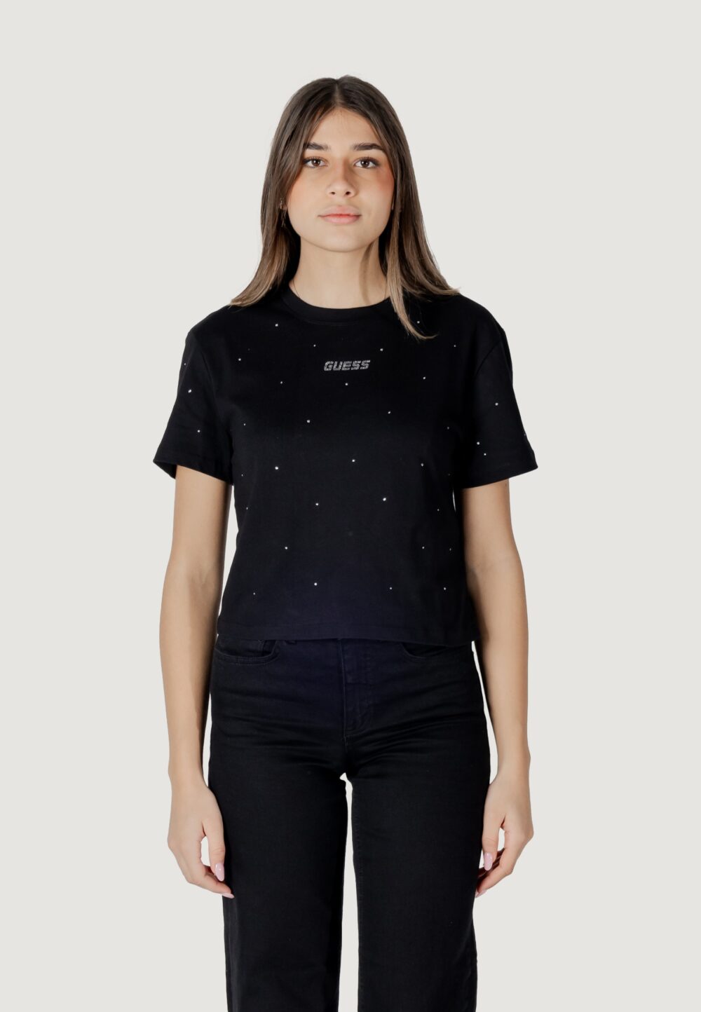 T-shirt Guess Active primula rhinestones boxy tee Nero - Foto 9