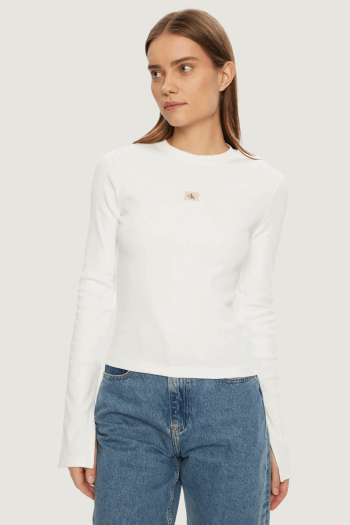 T-shirt manica lunga Calvin Klein Jeans woven label rib ls t Bianco