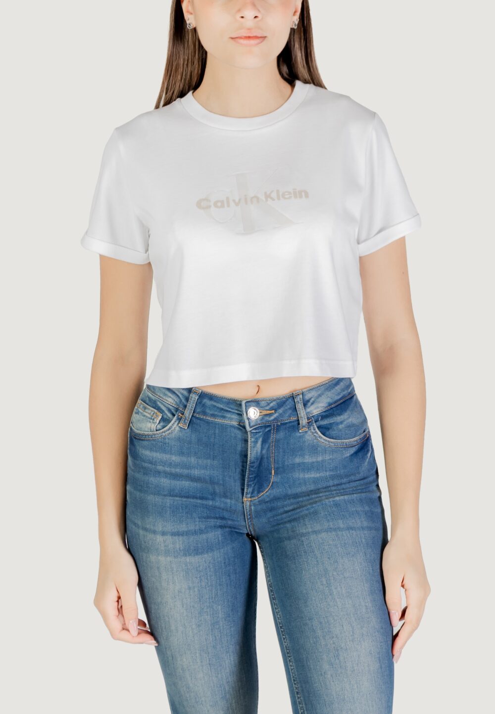 T-shirt Calvin Klein Jeans ss liquid ck cropped Bianco - Foto 1