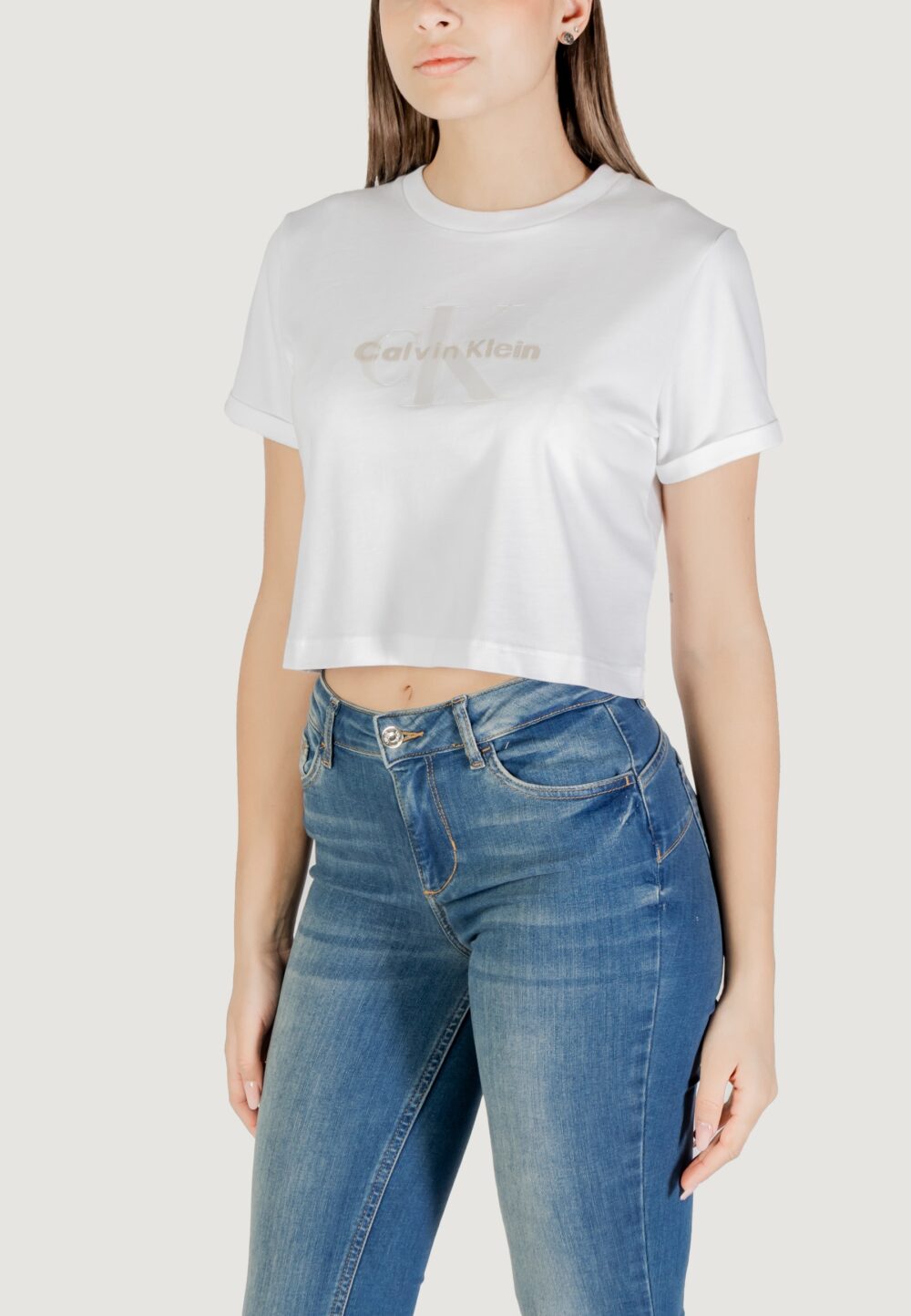 T-shirt Calvin Klein Jeans ss liquid ck cropped Bianco - Foto 2