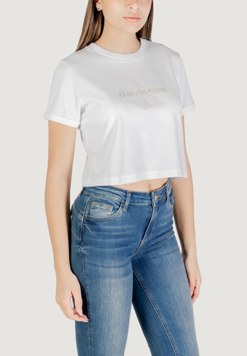 T-shirt Calvin Klein Jeans ss liquid ck cropped Bianco - Foto 3