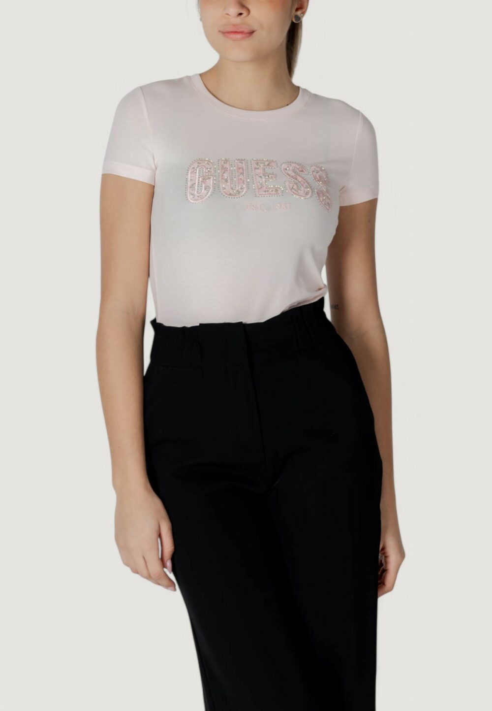 T-shirt Guess cn ss logo lace tee Rosa - Foto 1