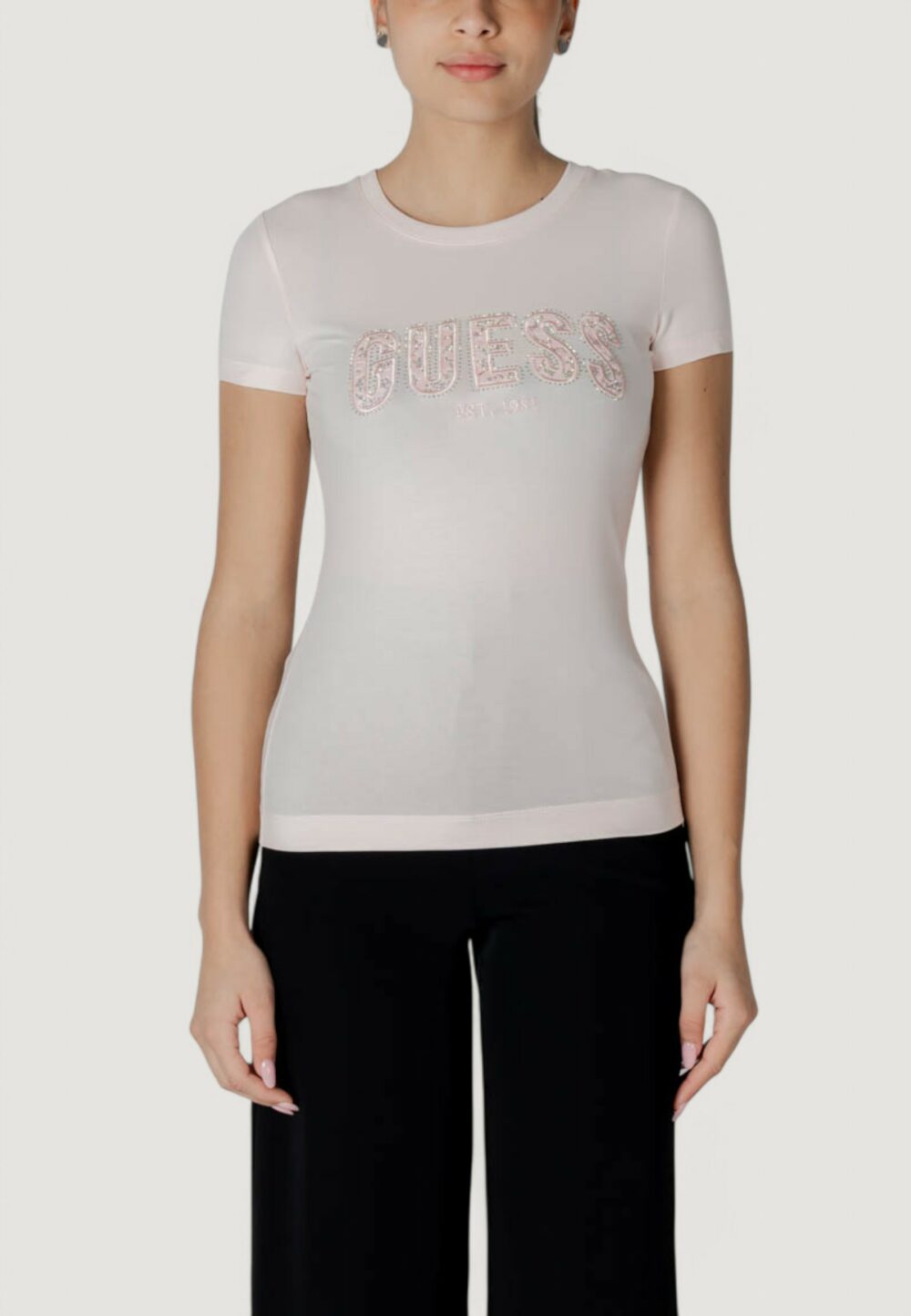 T-shirt Guess cn ss logo lace tee Rosa - Foto 2