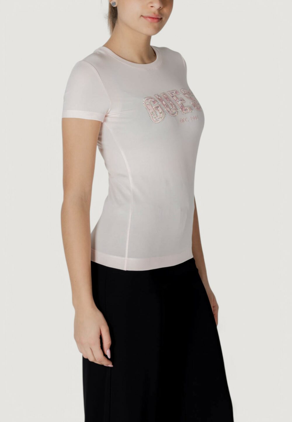 T-shirt Guess cn ss logo lace tee Rosa - Foto 4