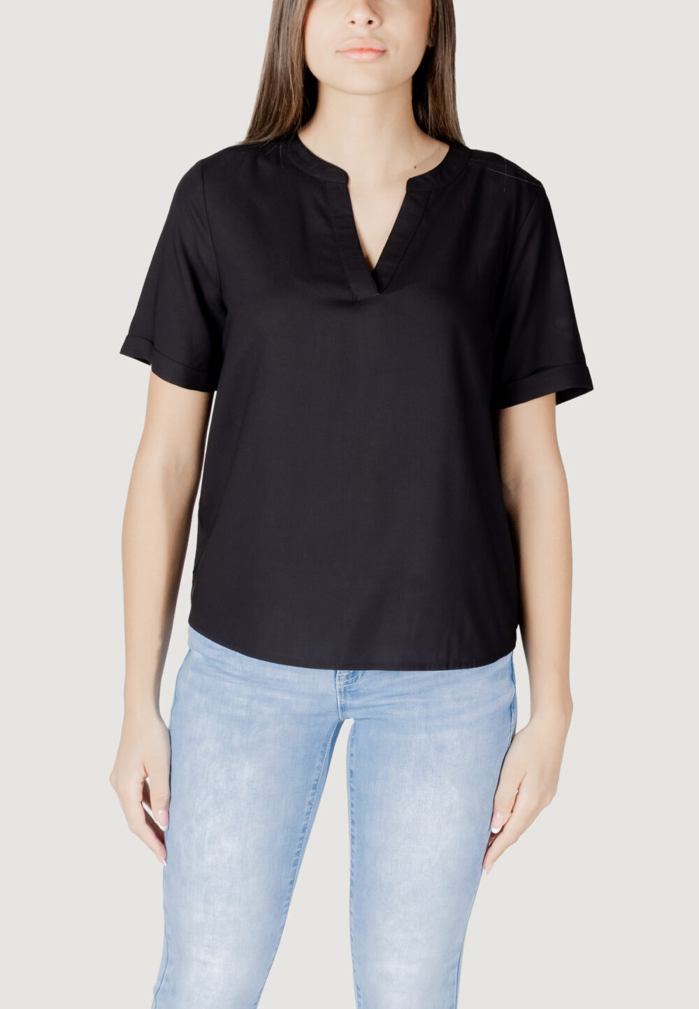 Blusa manica corta Street One qr splitneck blouse w turn-up Nero - Foto 5