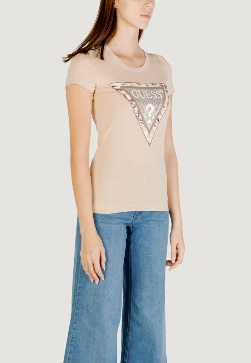 T-shirt Guess ss cn cheeta logo Beige chiaro - Foto 4