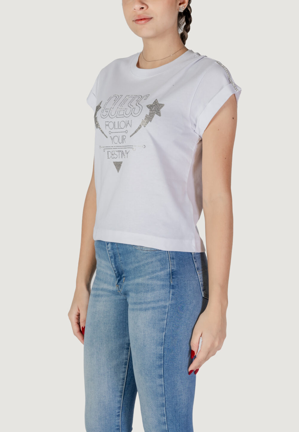 T-shirt Guess ss cn sleeves strass Bianco - Foto 2