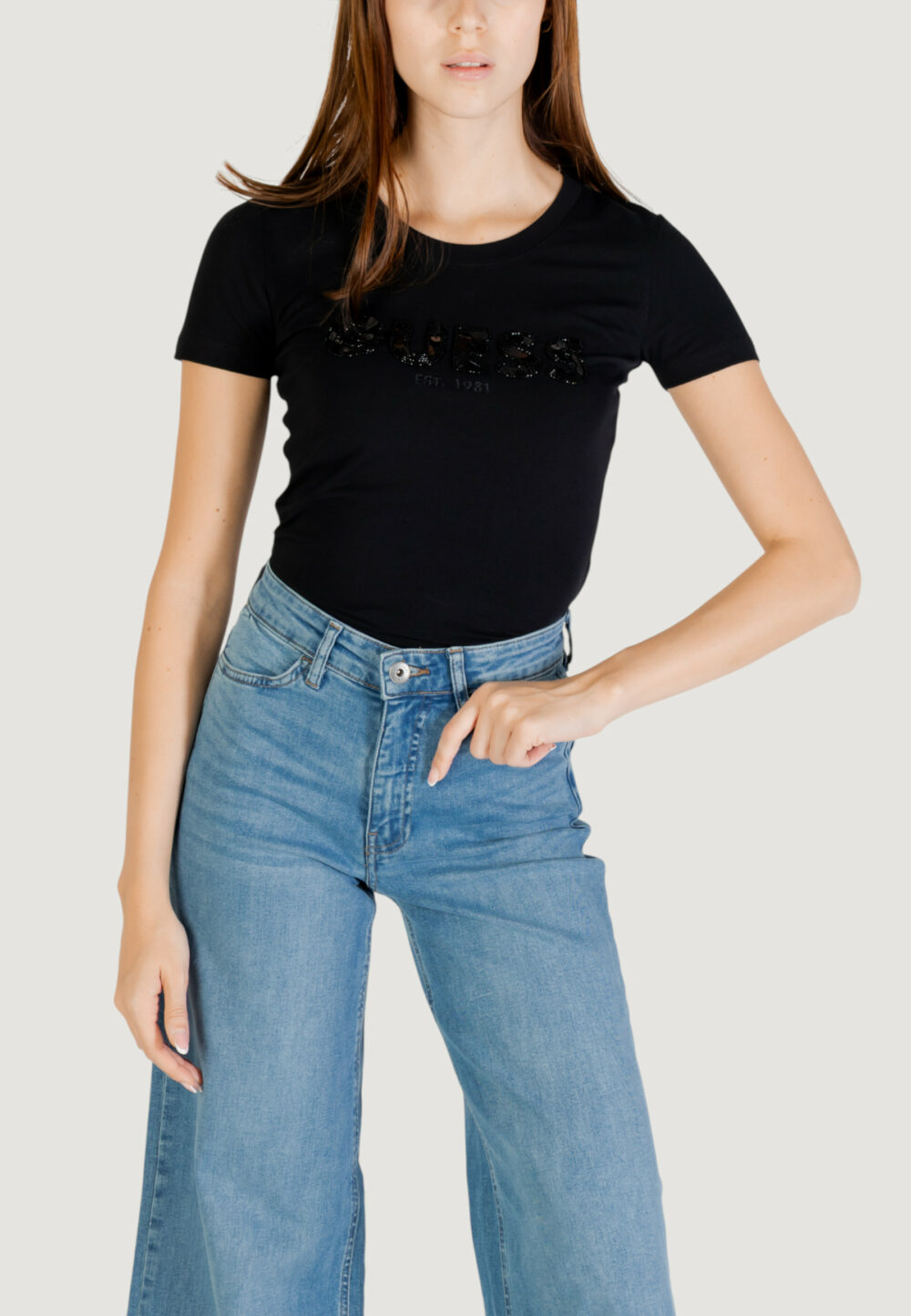T-shirt Guess cn ss logo segquins Nero - Foto 1