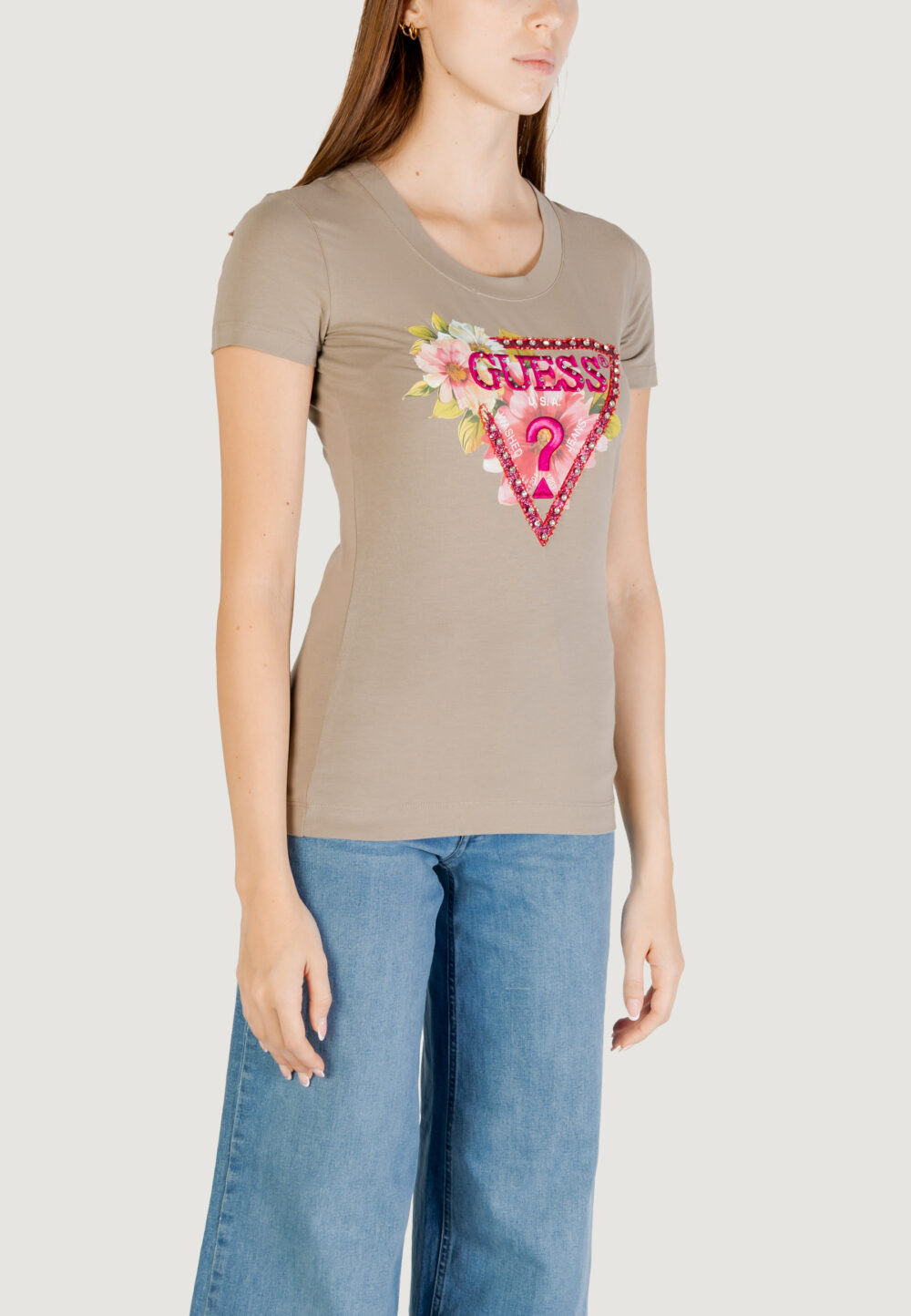 T-shirt Guess ss cn triangle beads Verde Oliva - Foto 2