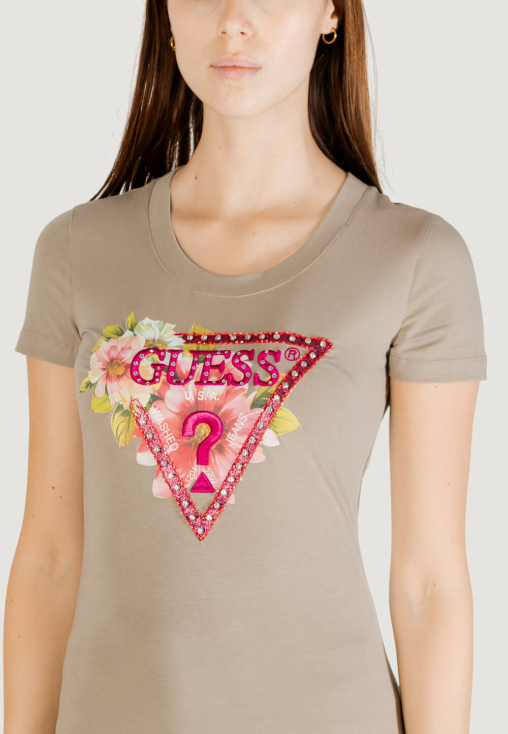 T-shirt Guess ss cn triangle beads Verde Oliva - Foto 4