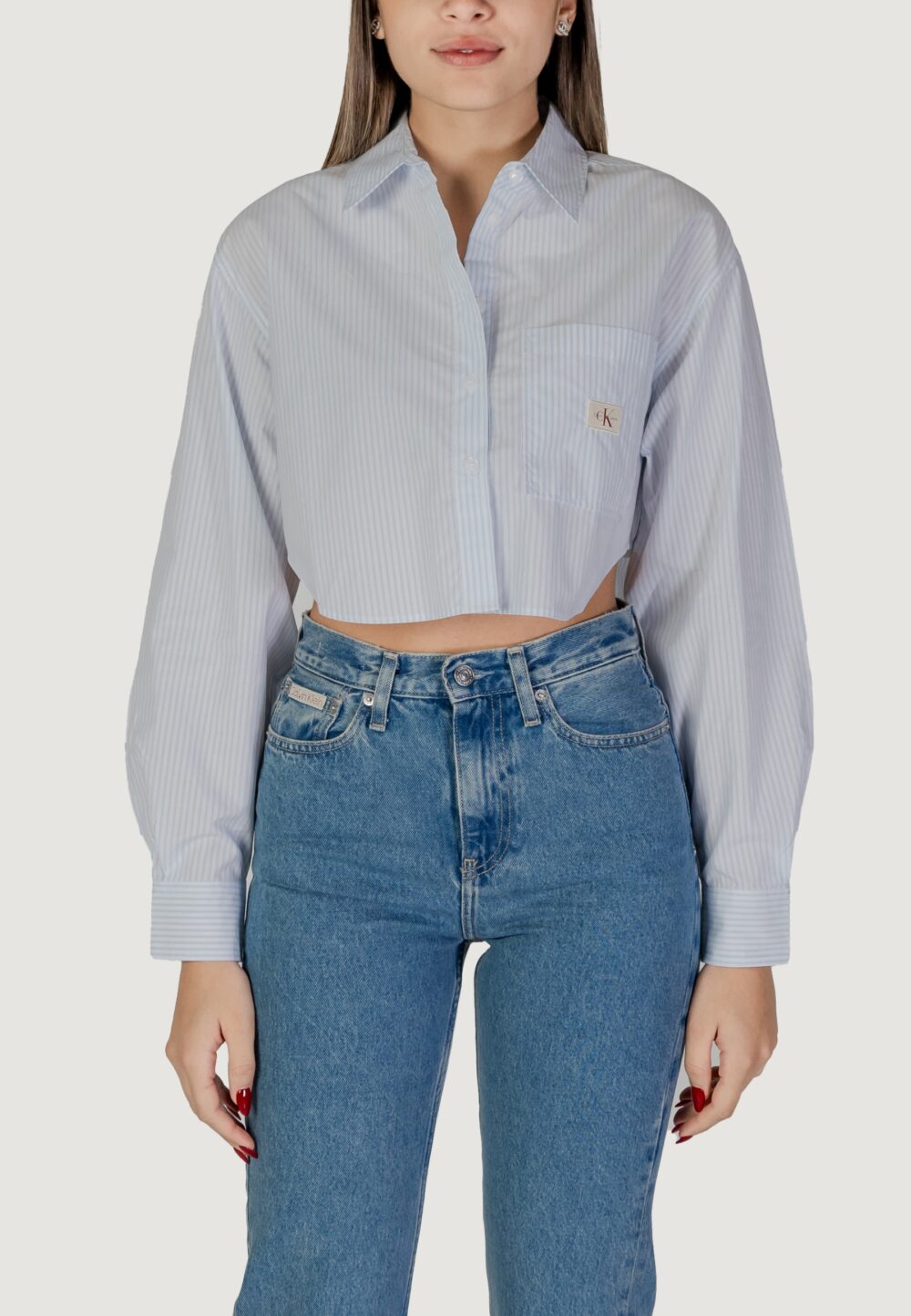Camicia manica lunga Calvin Klein Jeans woven label cropped Celeste - Foto 1