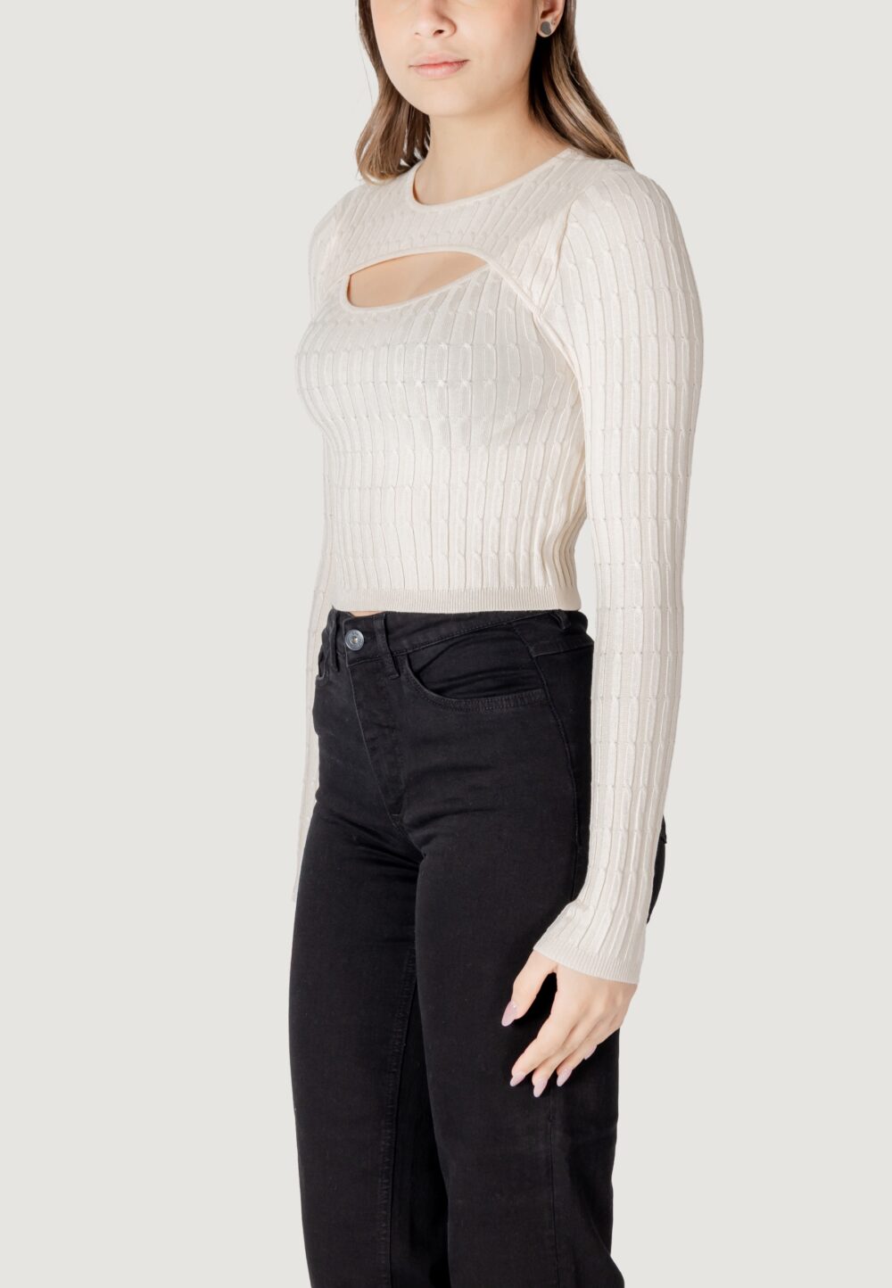 Maglia Only onlmeddi ls cable crop o-neck cc knt Beige chiaro - Foto 3