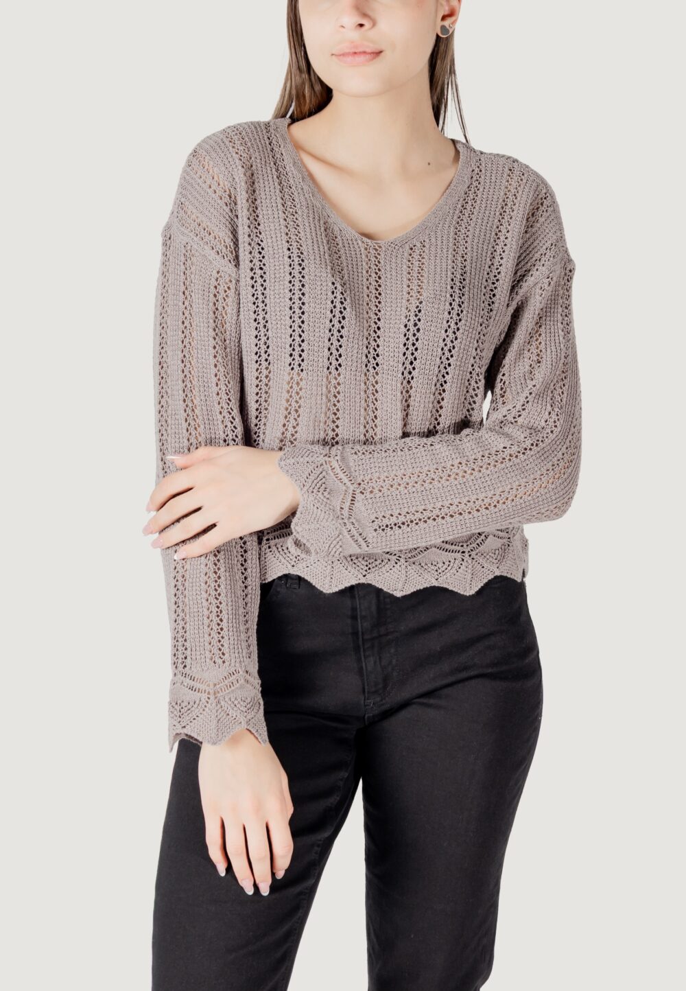 Maglia Only onlelba life ls v-neck cc knt Taupe - Foto 1