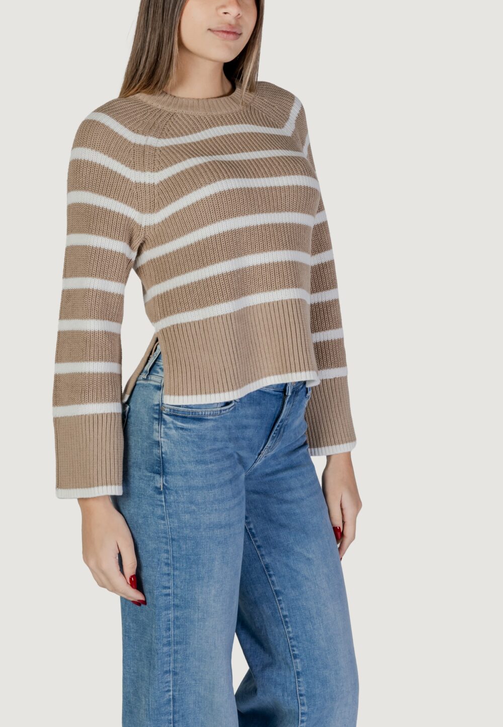 Maglia Vila Clothes vicasia l/s striped short knit top/pb Beige - Foto 3